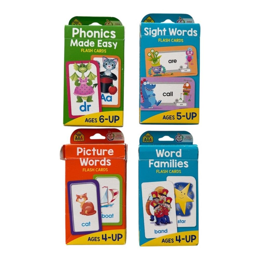 Lot of 4 School Zone Pic Words, Word Families, Sight Words & Phonics Flash Cards
